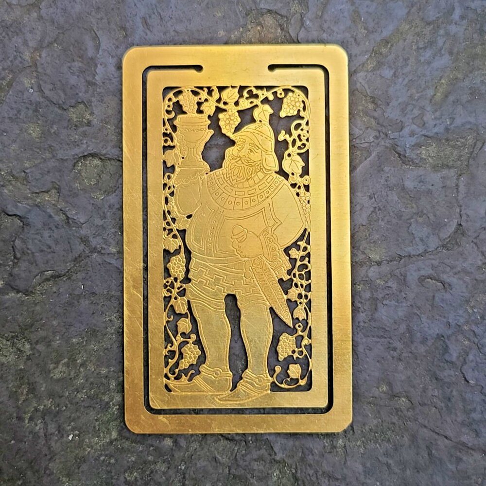 Gold Plated Pierced Metal Bookmark Medieval Man Goblet Grapes Vines, Bacchus